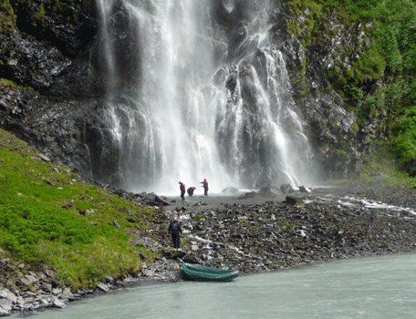 River rafters at Bridal Veil Falls Alaska