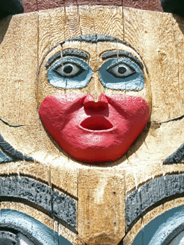 closeup of detail on totem pole Saxman Totem Park