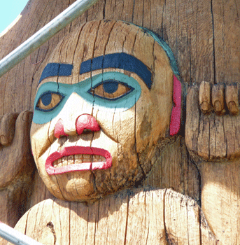 Detail on totem at Saxman totem park Ketchikan