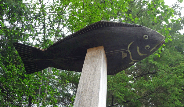 Detail of Halibut Totem at Totem Bite Ketchikan AK
