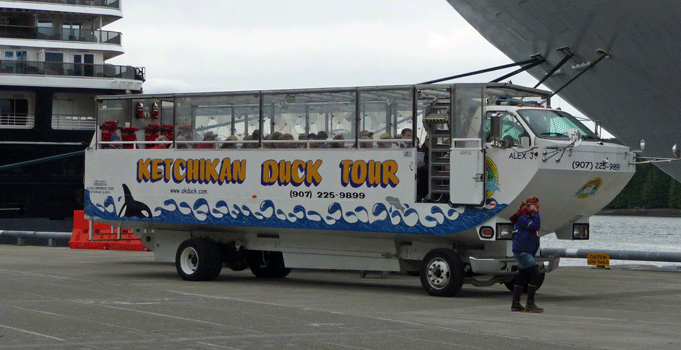 Duck boat tour on land in Ketchikan AK