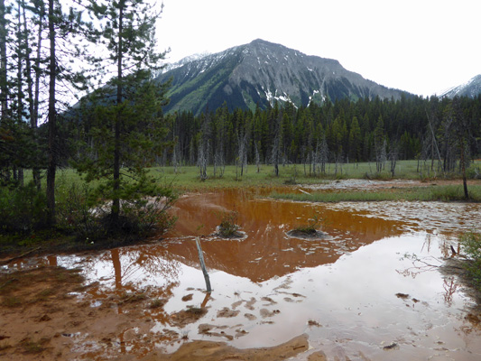 Mountain reflected in orange water