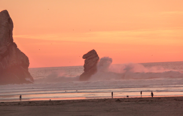 Sunset, crashing waves, sea stacks Morro Rock