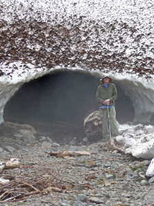 Walter Cooke at mouth of foggy Ice Cave Big 4 ice caves