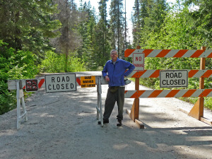 Walter and Road Closed Sign on Icicle Creek Road